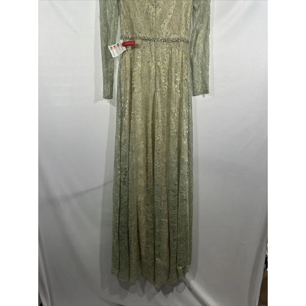 NWD Mac Duggal [ 2 ] 491881 Jeweled Long Sleeve Floral Lace Gown Sage Gold Q1023